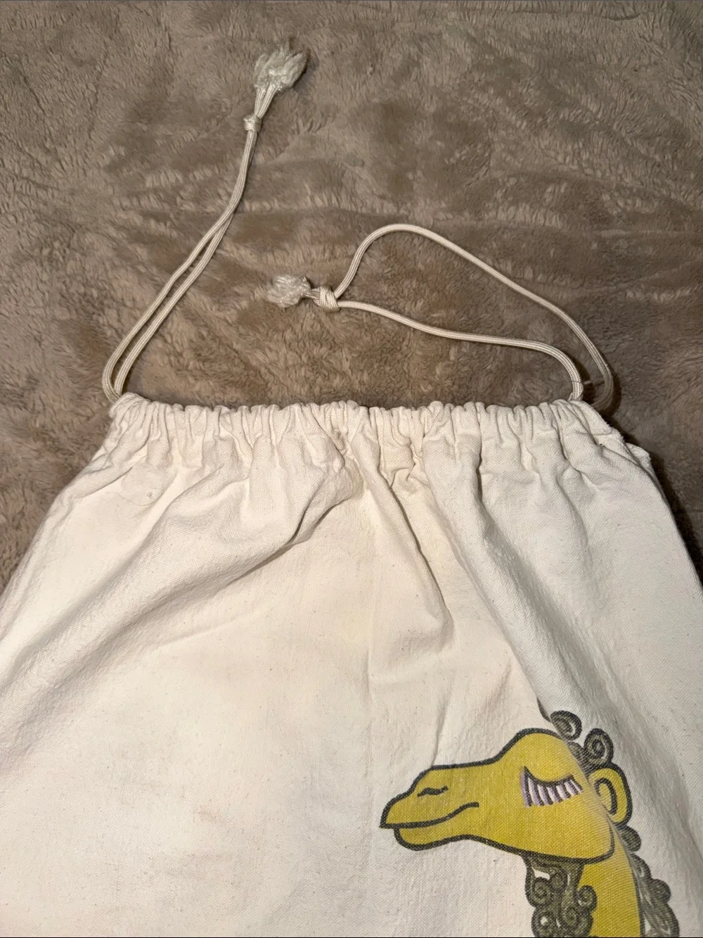 Vintage Whimsical Yellow Camel Illustrated Canvas Drawstring Storage Bag 31”x17”